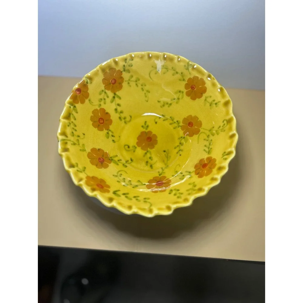 Sur La Table Yellow Floral Ceramic Serving Bowl Scalloped Rim Made in Italy
